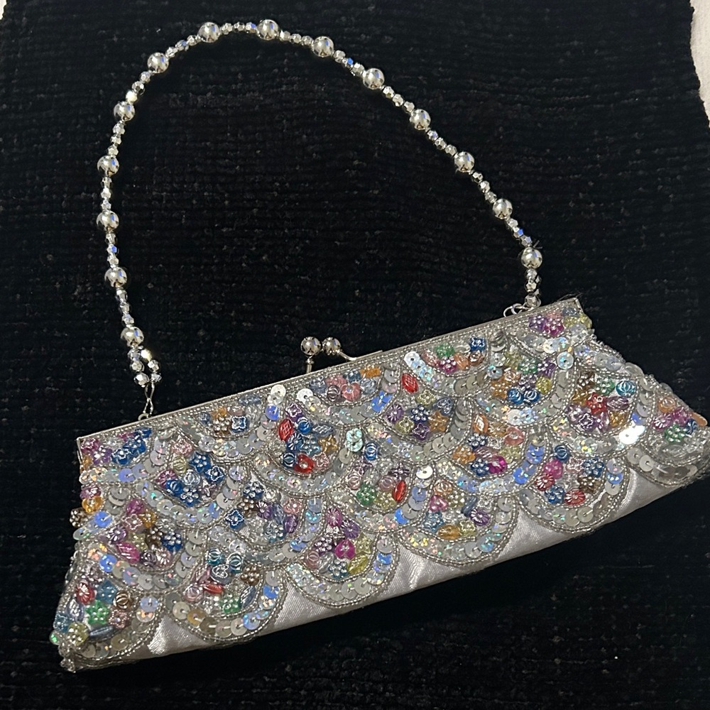 Source Unknown Silver Multicolor Beaded Clutch - image 1